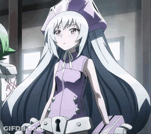 A Girl In A Purple Outfit With A Keyhole On Her Belt GIF