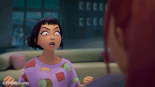 A Girl In A Purple Shirt Has Her Arms Outstretched And Looks Angry GIF