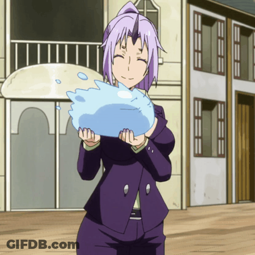 A Girl In A Purple Suit Is Holding A Blue Object GIF