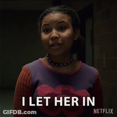A Girl In A Purple Sweater Is Saying I Let Her In GIF