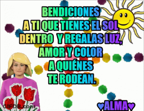 A Girl In A Purple Sweater Stands In Front Of A Colorful Background That Says Bendiciones A Ti Que Tienes El Sol GIF