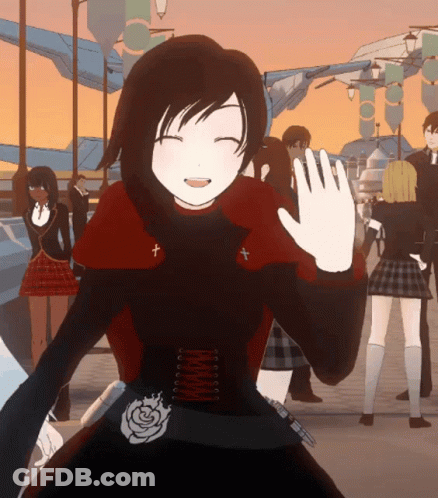 A Girl In A Red And Black Dress With A White Rose On The Waist Is Waving GIF