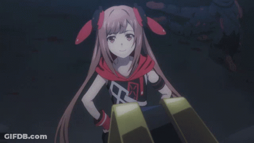A Girl In A Red And Black Outfit With The Letter M On It GIF