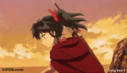 A Girl In A Red Cape Is Holding A Sword In Her Hand While Standing On Top Of A Rock . GIF