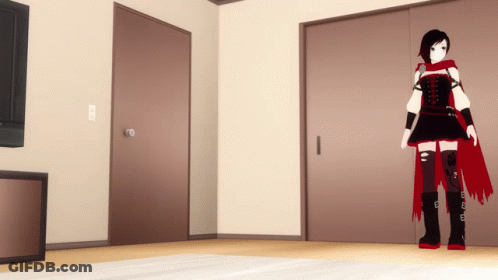 A Girl In A Red Cape Is Standing In A Room Next To A Door GIF