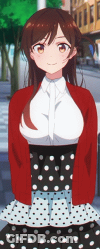 A Girl In A Red Cardigan And Polka Dot Skirt Is Smiling GIF