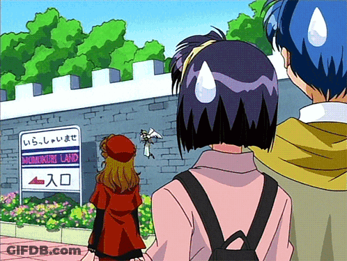 A Girl In A Red Coat Stands In Front Of A Sign That Says Momingo Land GIF