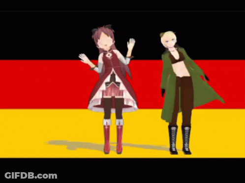 A Girl In A Red Dress And A Boy In A Green Coat Are Standing In Front Of A German Flag GIF
