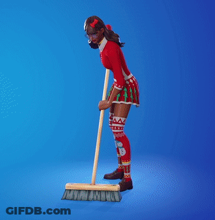 A Girl In A Red Dress And Socks Is Sweeping The Floor With A Broom GIF