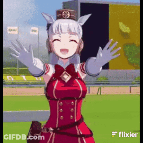 A Girl In A Red Dress And White Gloves Is Standing On A Race Track . GIF