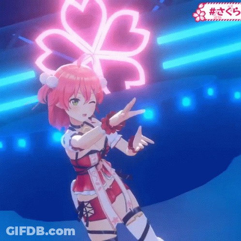 A Girl In A Red Dress Is Dancing In Front Of A Neon Sign That Says ' Sakura ' On It GIF