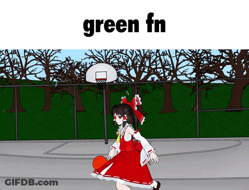 A Girl In A Red Dress Is Dribbling A Basketball On A Court With The Words Green Fn Above Her GIF