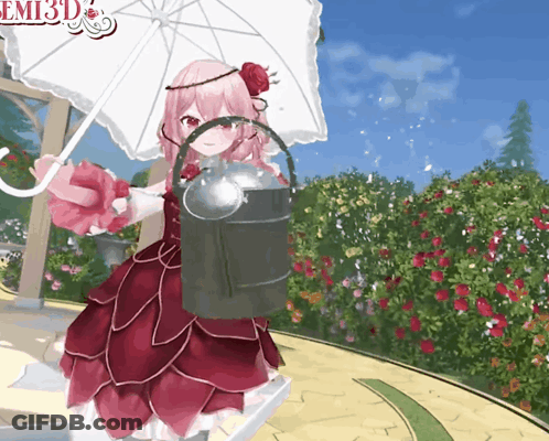 A Girl In A Red Dress Is Holding A White Umbrella And A Bucket GIF