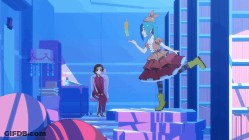 A Girl In A Red Dress Is Holding An Ice Cream Cone While Another Girl Sits In A Chair GIF