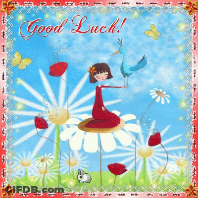 A Girl In A Red Dress Is Sitting On A Flower With A Bird And The Words " Good Luck " On The Bottom GIF