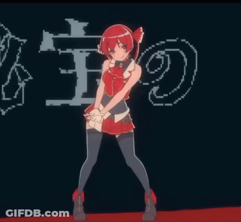 A Girl In A Red Dress Is Standing In Front Of A Black Background With Hearts And The Letter T GIF
