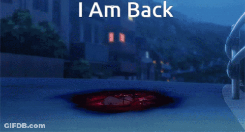 A Girl In A Red Dress Is Surrounded By Bullet Holes And The Words I Am Back GIF