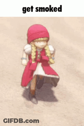A Girl In A Red Dress Is Walking On A Dirt Road And Says Get Smoked GIF