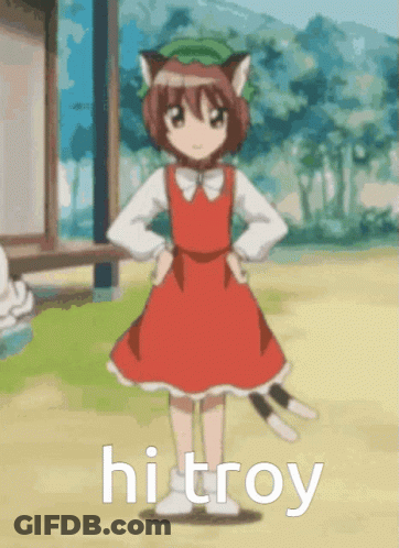 A Girl In A Red Dress With A Cat Ear And The Words Hi Troy On The Bottom GIF