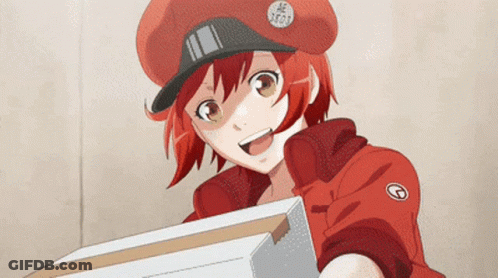 A Girl In A Red Hat Is Holding A Cardboard Box And Smiling GIF