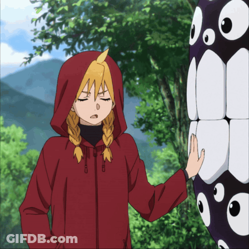 A Girl In A Red Hooded Jacket Is Touching A Black Object GIF