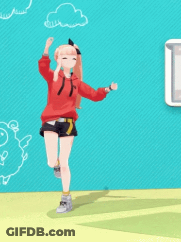 A Girl In A Red Hoodie Is Dancing In Front Of A Blue Wall With A Drawing Of A Sheep On It . GIF
