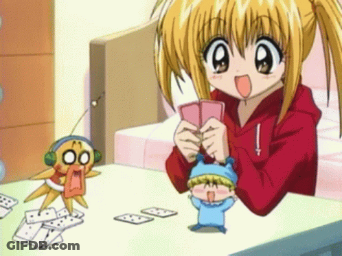 A Girl In A Red Hoodie Is Playing A Game Of Dominoes With A Cartoon Character GIF