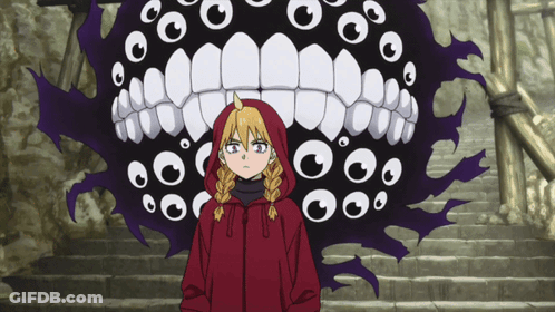 A Girl In A Red Hoodie Is Standing In Front Of A Monster With A Huge Mouth GIF