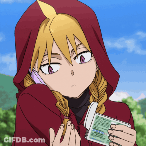 A Girl In A Red Hoodie Is Talking On A Cell Phone While Holding A Passport GIF