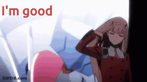 A Girl In A Red Jacket Is Standing In Front Of A Robot And The Words I 'M Good Are Above Her . GIF