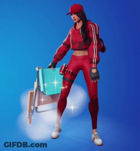 A Girl In A Red Outfit Is Holding A Chair GIF