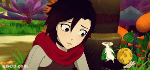 A Girl In A Red Scarf Holds A White Mouse In Her Hand GIF