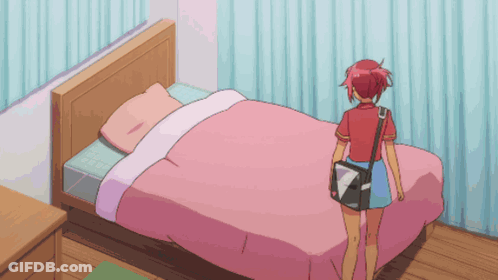 A Girl In A Red Shirt Is Standing Next To A Bed GIF