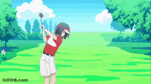 A Girl In A Red Shirt Is Swinging A Golf Club GIF