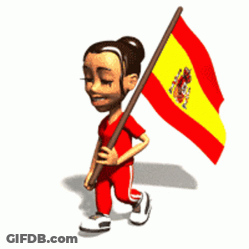A Girl In A Red Shirt Is Walking With A Spanish Flag GIF