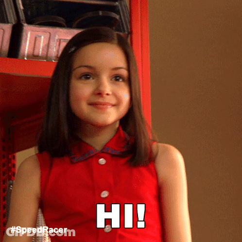 A Girl In A Red Shirt Says Hi In White Letters GIF