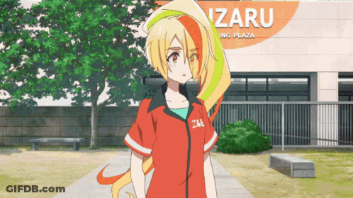 A Girl In A Red Shirt Stands In Front Of A Building That Says Izaru GIF