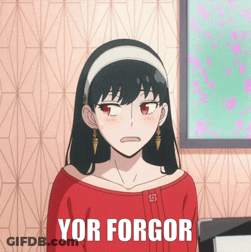 A Girl In A Red Shirt With The Word Yor Forgor Written On It GIF