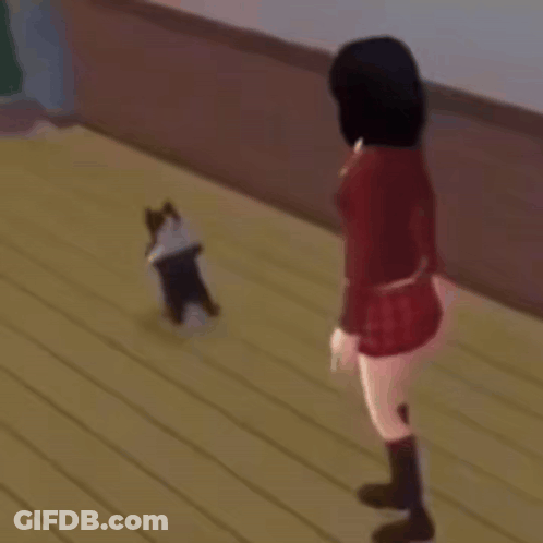 A Girl In A Red Skirt Is Standing Next To A Black And White Cat On A Wooden Floor . GIF