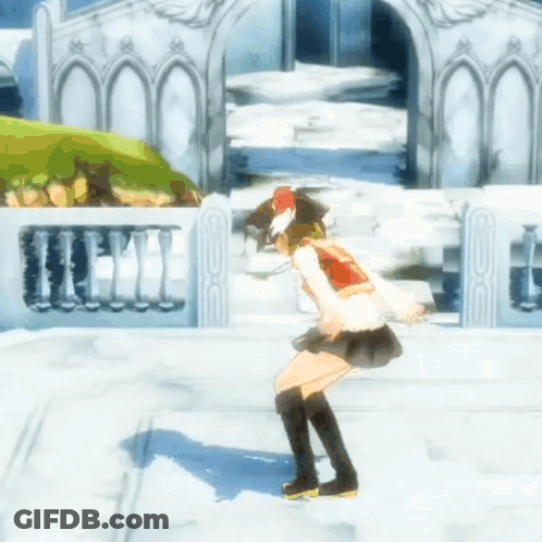A Girl In A Red Top And Black Skirt Is Standing On A Snowy Surface GIF