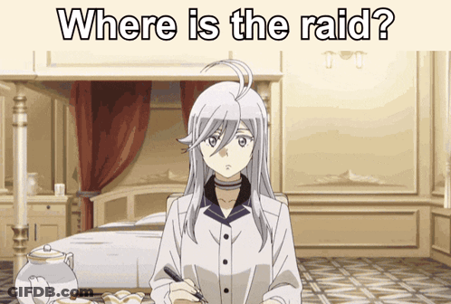 A Girl In A Room With The Words " Where Is The Raid " On The Bottom GIF