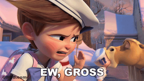 A Girl In A Sailor Hat Says " Ew Gross " In Front Of A Cow GIF