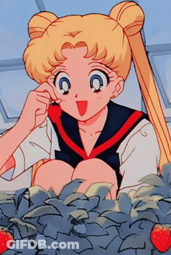 A Girl In A Sailor Suit Is Eating A Strawberry In A Garden GIF
