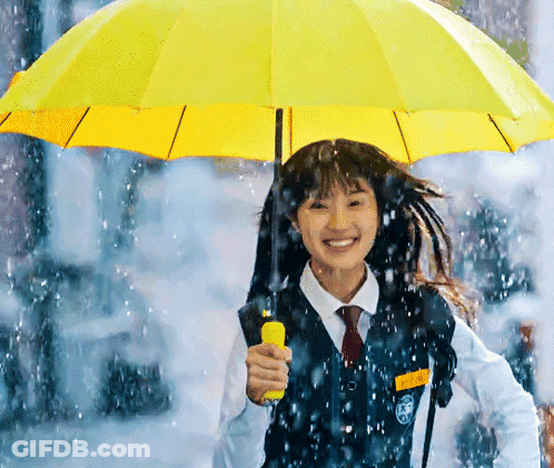 A Girl In A School Uniform Holds A Yellow Umbrella GIF