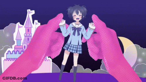 A Girl In A School Uniform Is Being Held By Pink Hands GIF