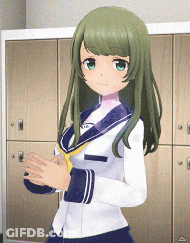 A Girl In A School Uniform Is Clapping Her Hands In Front Of Lockers GIF