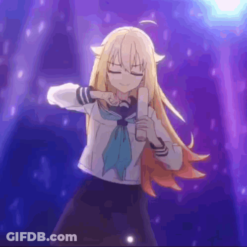 A Girl In A School Uniform Is Dancing On A Stage . GIF