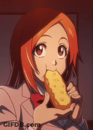 A Girl In A School Uniform Is Eating A Donut With Holes In It GIF