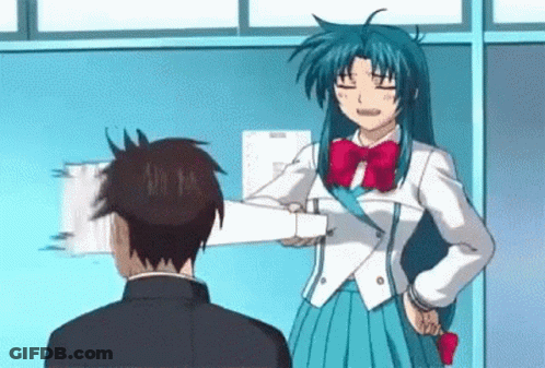 A Girl In A School Uniform Is Giving A Piece Of Paper To A Boy In A School Uniform . GIF