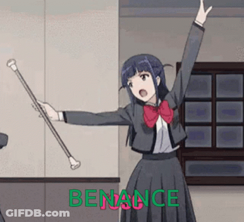 A Girl In A School Uniform Is Holding A Cane With The Word Benance Written On The Bottom GIF